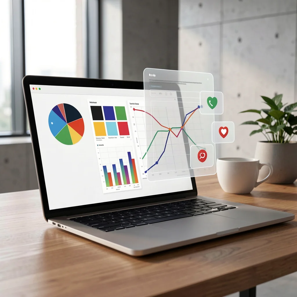 Laptop aberto sobre mesa com tela exibindo análise visual de criativos de anúncios com sobreposições gráficas.