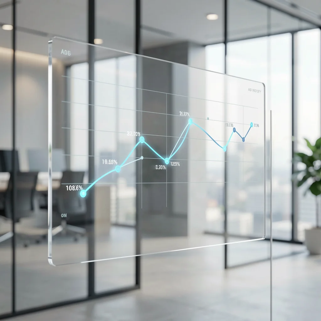 Visualização abstrata de dados com linhas do tempo e pontos flutuantes em tela de vidro transparente.