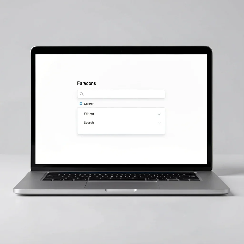 Tela de laptop exibindo interface de busca da Biblioteca de Anúncios do Facebook, com barra de pesquisa e filtros, em estilo corporativo elegante.