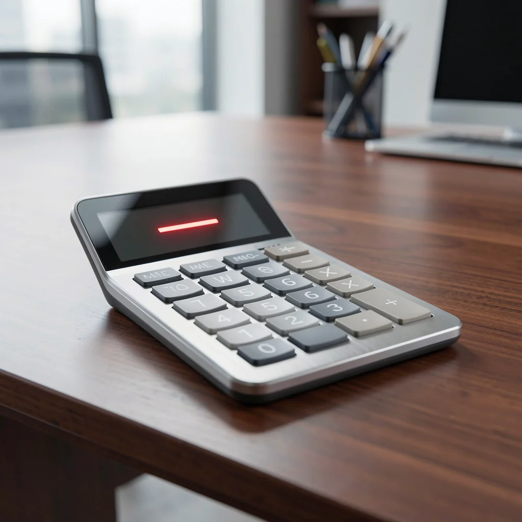Calculadora moderna sobre mesa de madeira com símbolo de menos vermelho no visor