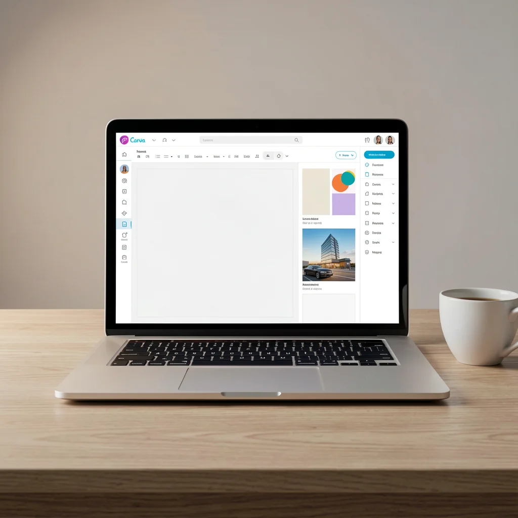 Notebook moderno exibindo a interface do Canva com espaço de design em branco