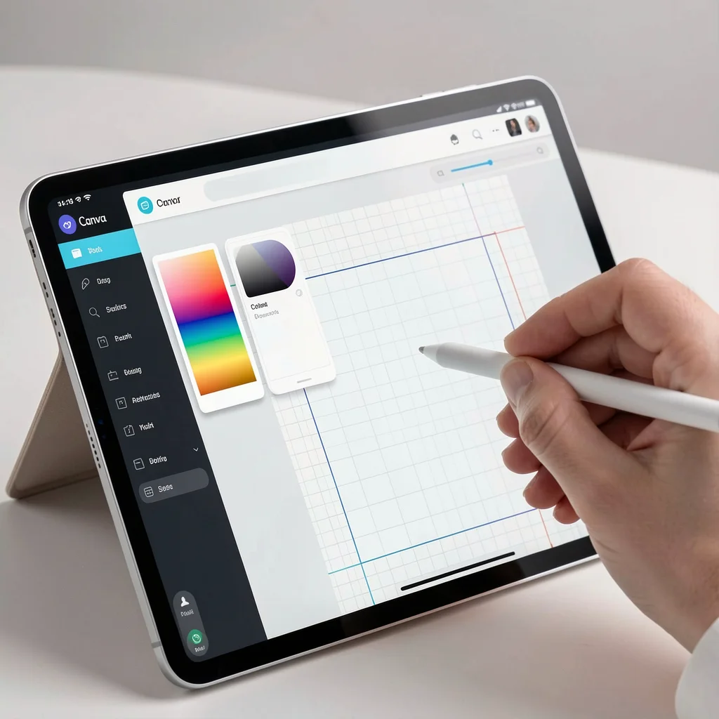 Tablet com tela do Canva mostrando paleta de cores e grade de design