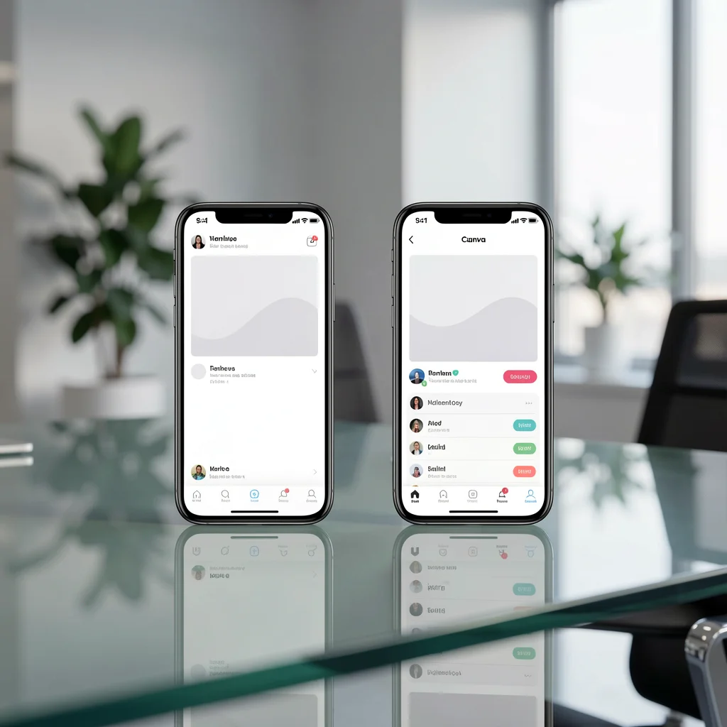 Dois smartphones lado a lado exibindo a mesma tela do Canva para colaboração