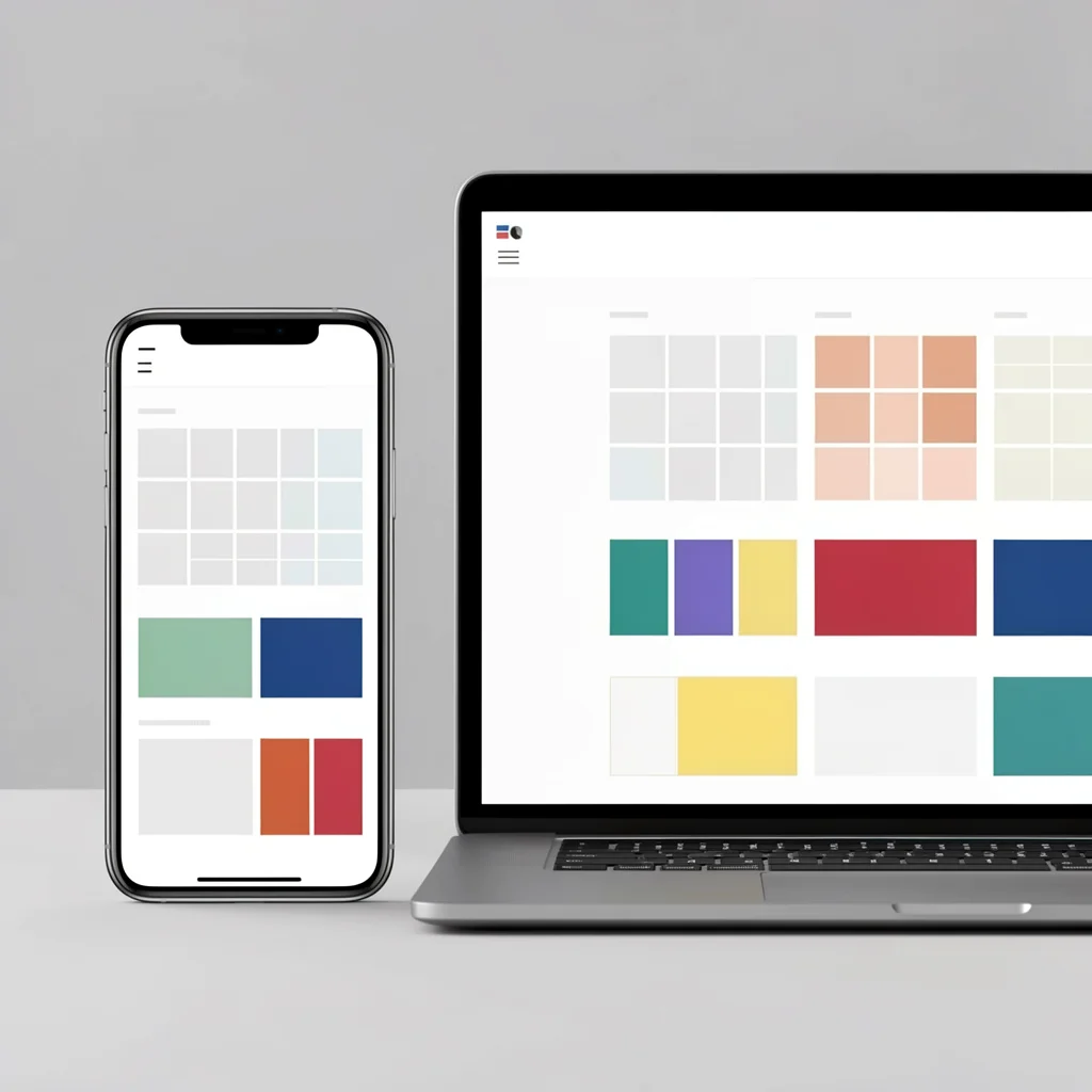 Mockup de smartphone e laptop com interface minimalista exibindo variações de design em grade abstrata