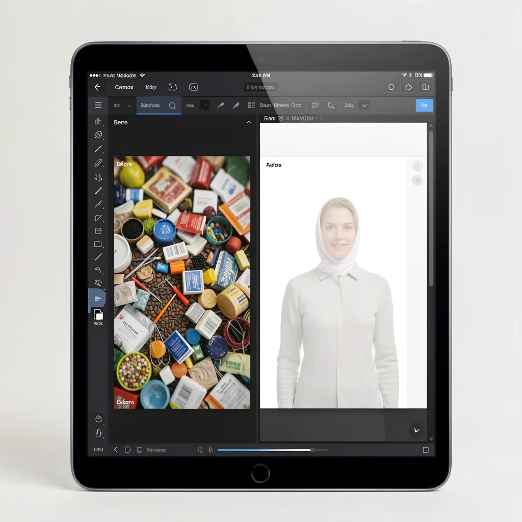 Tablet exibindo edição de foto com antes e depois da remoção de fundo