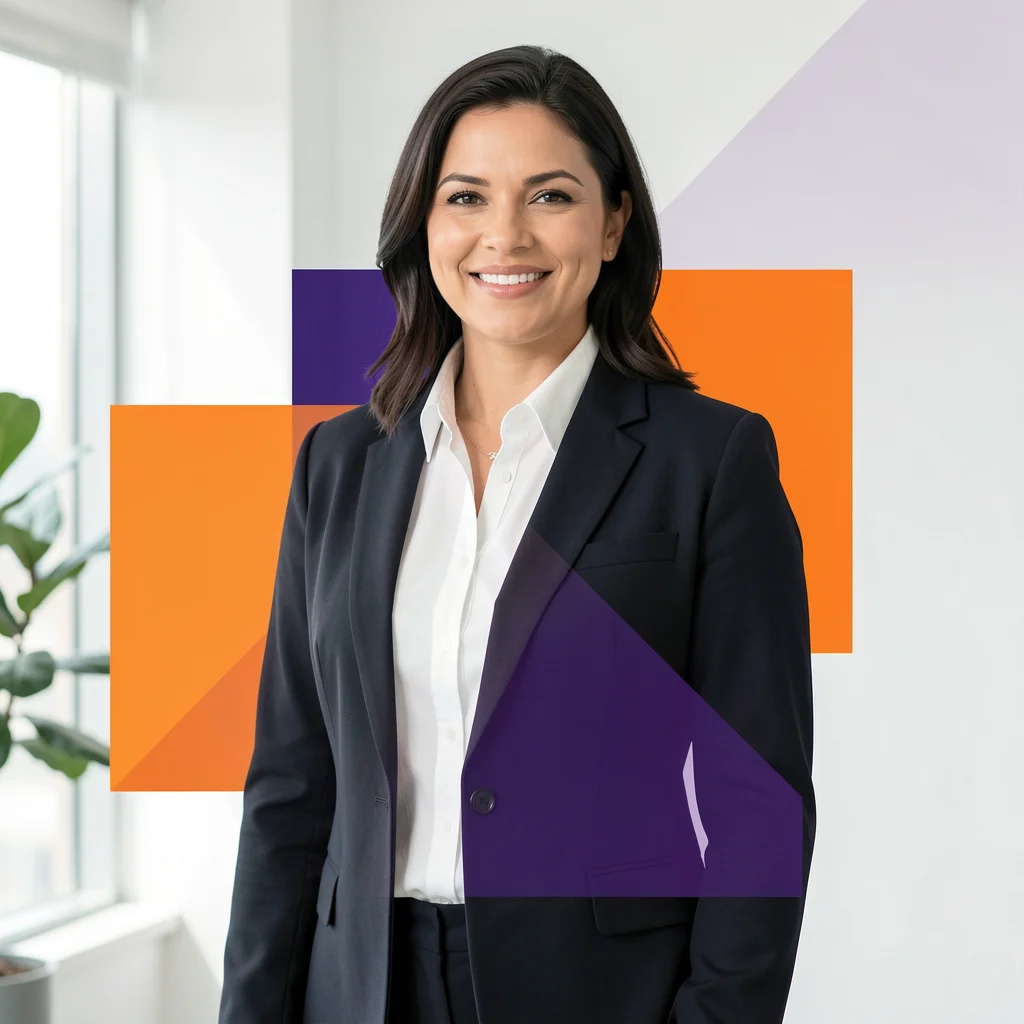 Profissional corporativo em um ambiente de escritório com sobreposições gráficas geométricas em laranja e roxo.