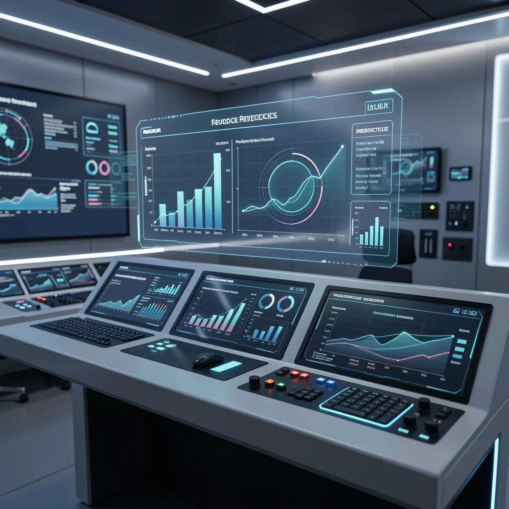 Interface futurista com análise preditiva de dados para gestão de capital de giro com IA.