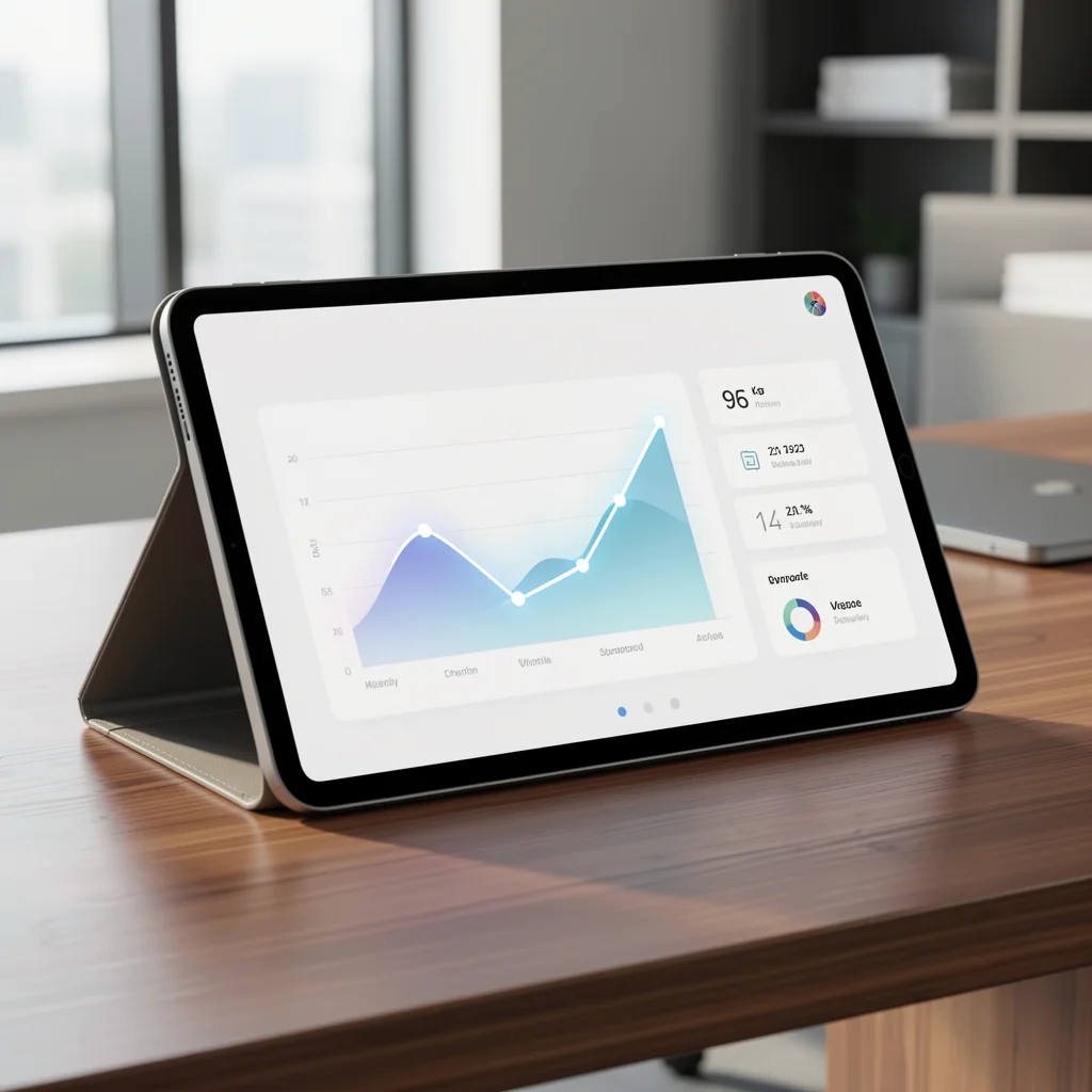 Tablet exibindo dashboard abstrato com gráfico de linha e métricas, em mesa de madeira com luz natural suave