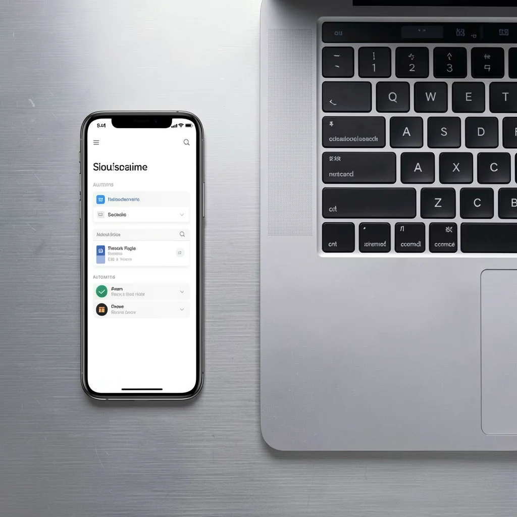 Smartphone e laptop sobre mesa de alumínio escovado exibindo interfaces abstratas de automação de e-mail
