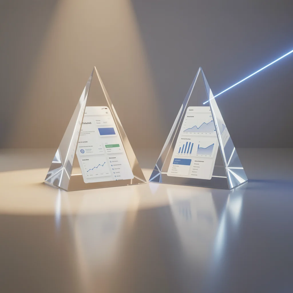 Dois prismas de vidro sobre superfície refletiva, um iluminado por luz quente e outro por laser azul