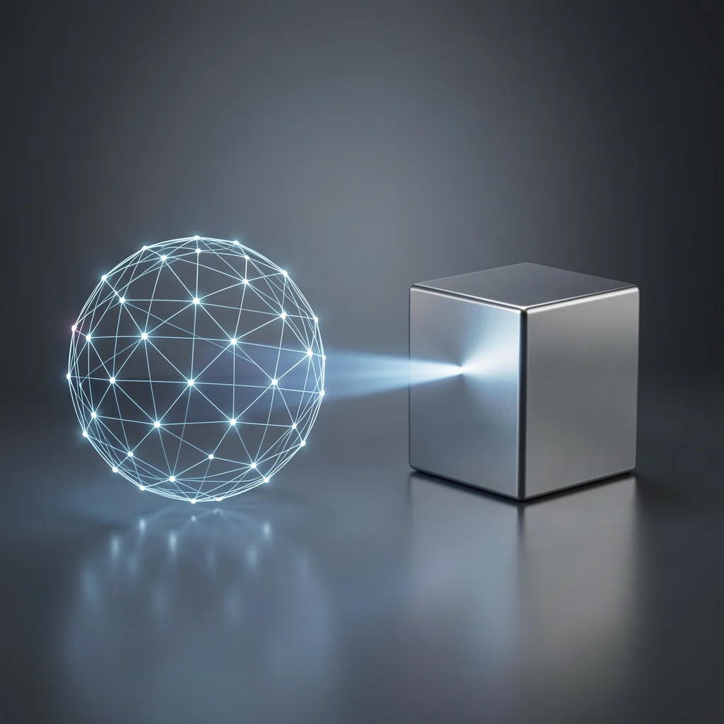 Esfera digital brilhante e cubo metálico sólido conectados por feixe de luz, representando escolha entre carteiras quente e fria.