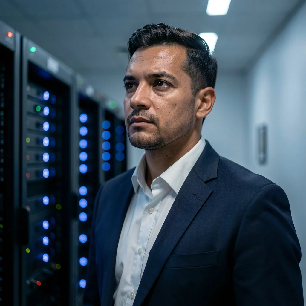 Profissional de segurança digital em um data center moderno com iluminação azulada.