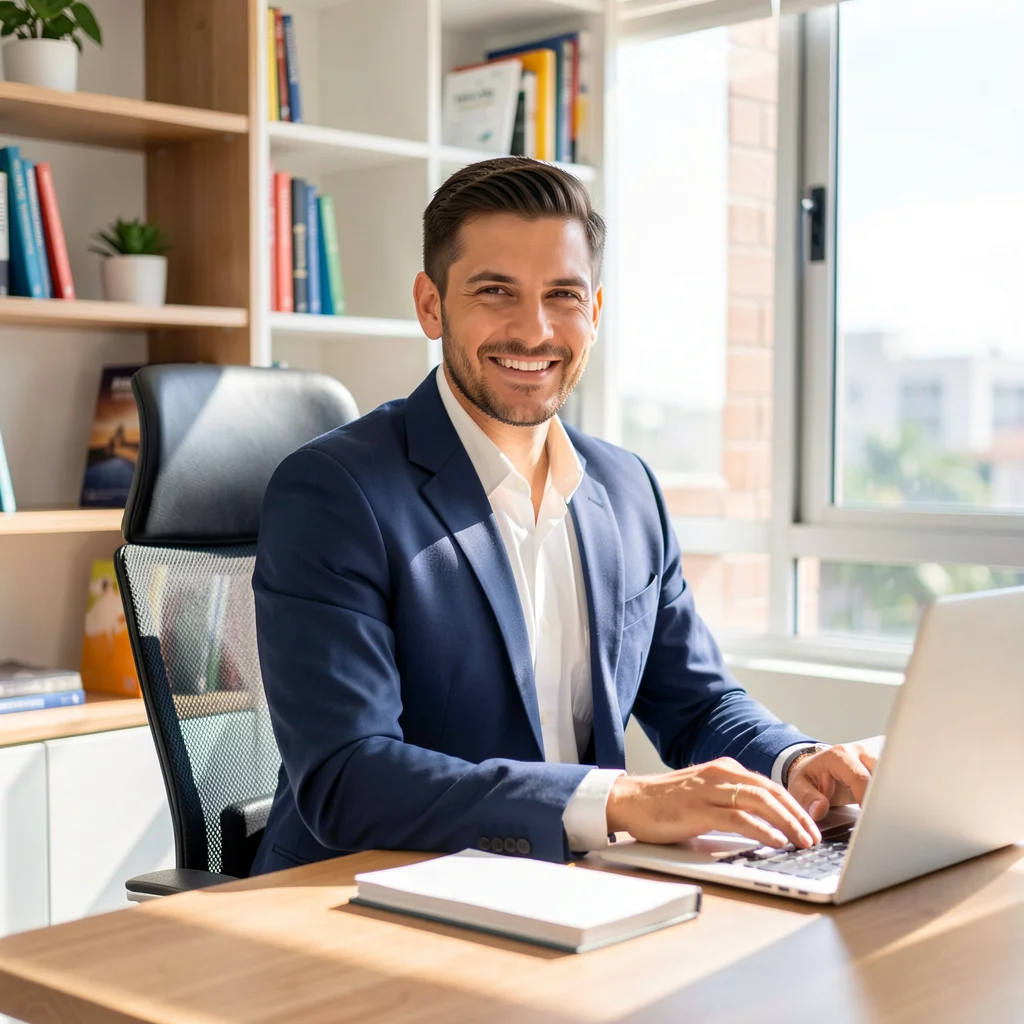 Empreendedor brasileiro focado trabalhando em um escritório moderno e organizado.