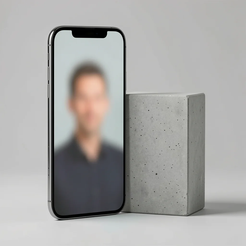 Smartphone com tela de perfil vazia ao lado de bloco de concreto simbolizando falta de credibilidade
