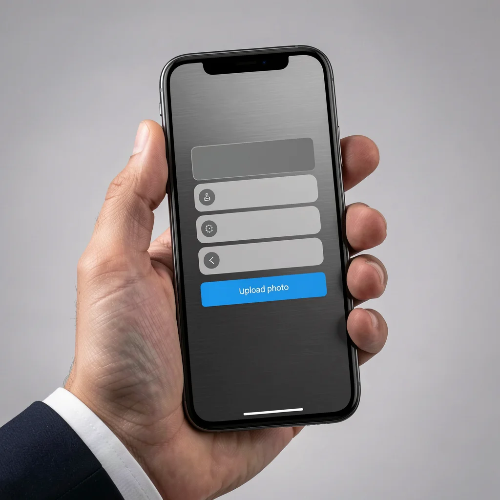 Mão de terno segurando smartphone com tela mostrando menu de upload de foto
