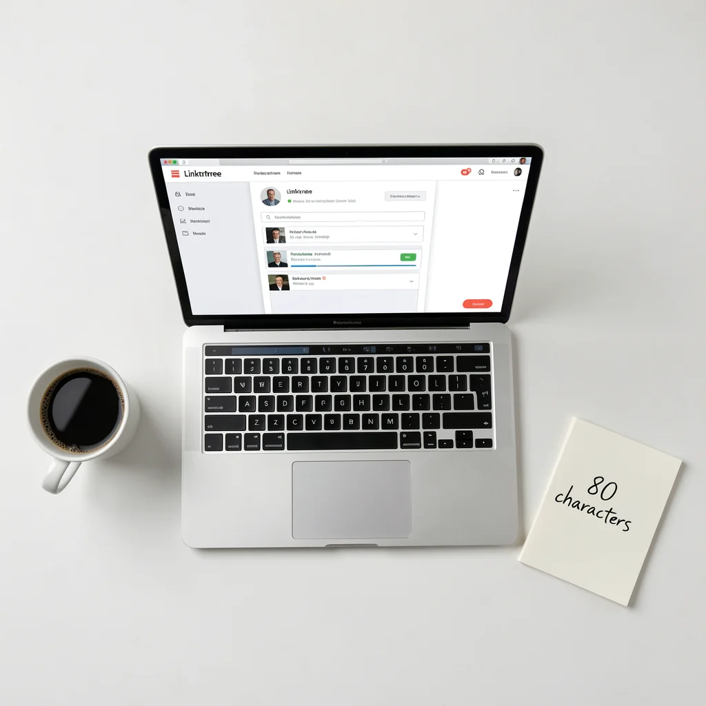Mesa com laptop, caderno e café em composição minimalista com anotação de 80 caracteres