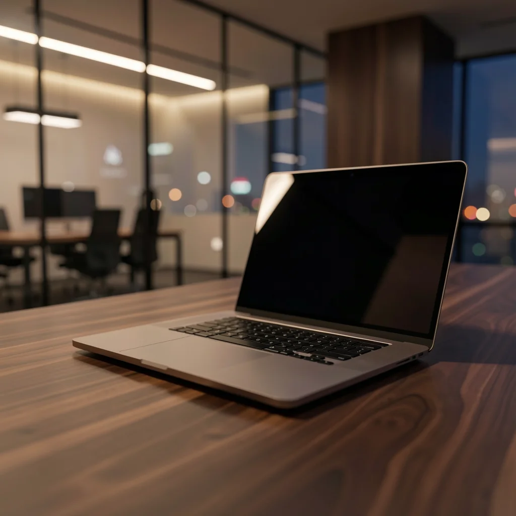 Laptop aberto em uma mesa de madeira escura em um escritório moderno e iluminado.