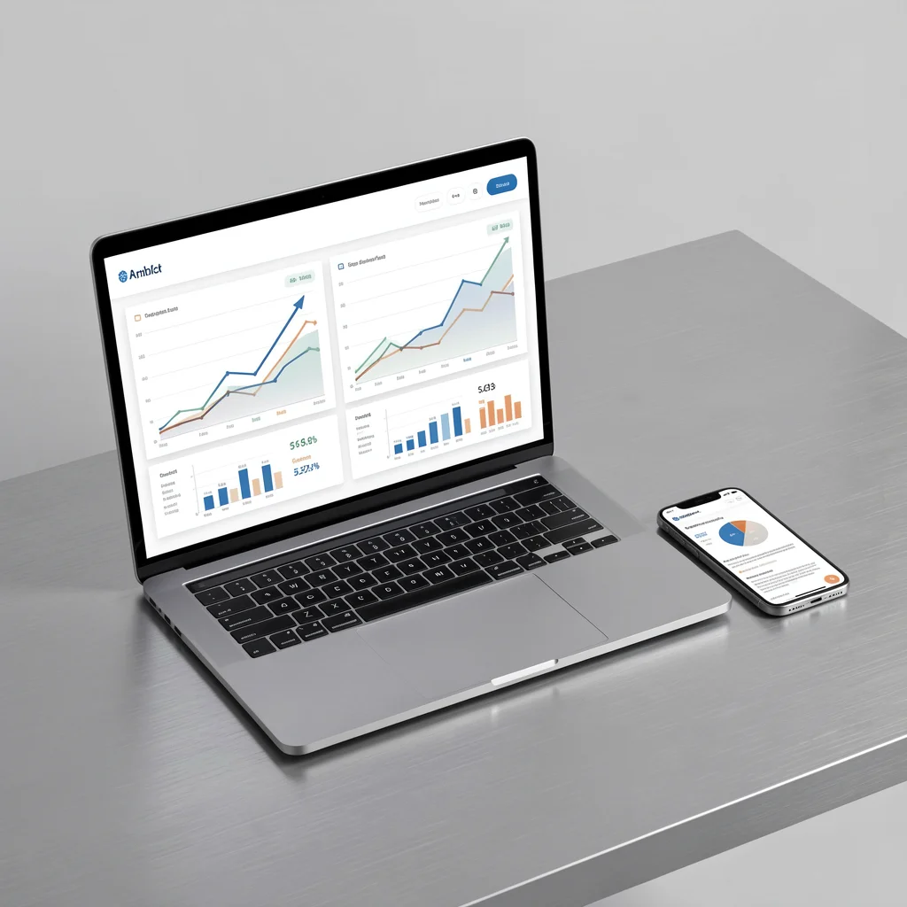 Mockup minimalista de laptop e smartphone sobre mesa de alumínio escovado exibindo dashboard financeiro abstrato com gráficos de tendência de lucro
