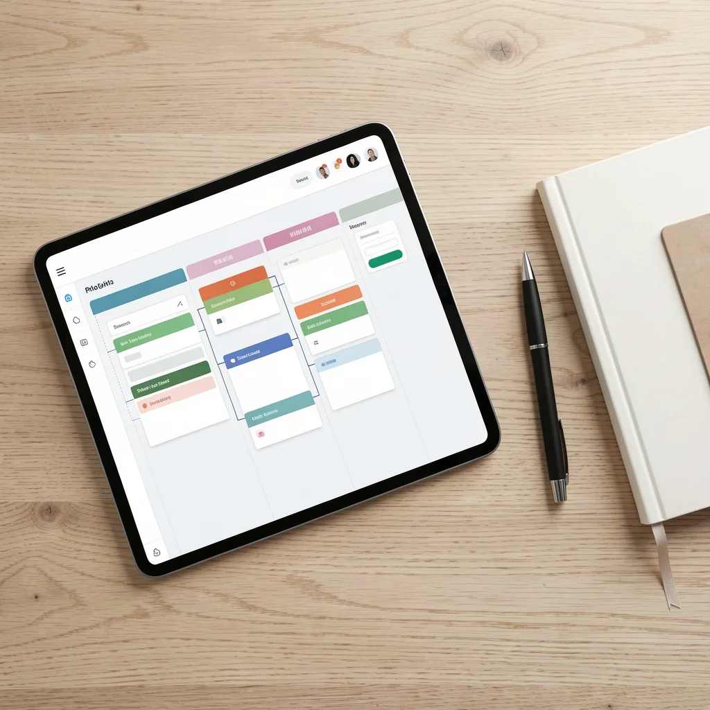 Vista superior de mesa de madeira com tablet exibindo interface de gerenciamento de projetos abstrata com colunas kanban e caderno ao lado