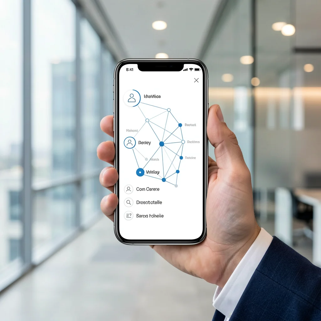 Close de mão com terno segurando smartphone com interface de rede de contatos abstrata em ambiente de escritório corporativo com vidro