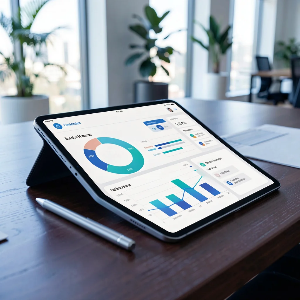 Tablet em uma mesa de escritório moderna exibindo um painel de dados corporativos com iluminação suave.