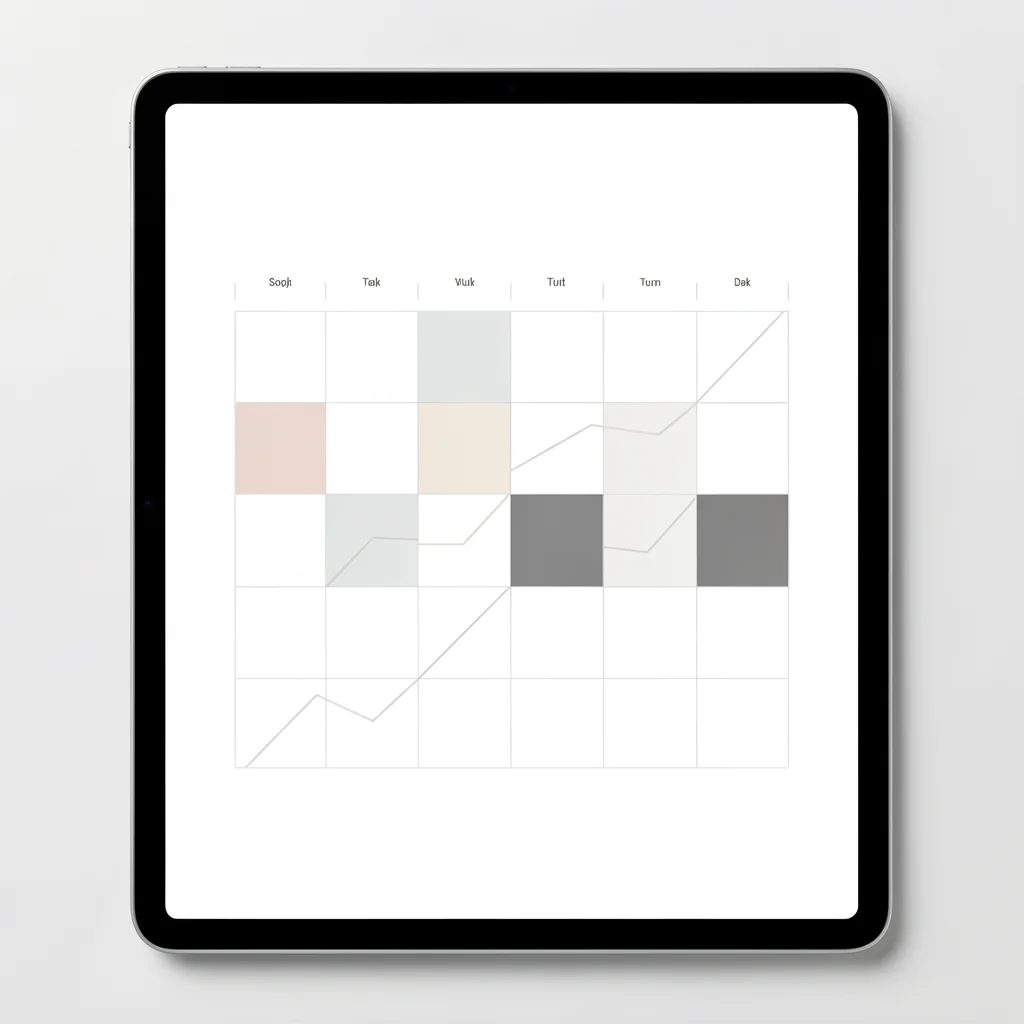 Tablet exibindo calendário de conteúdo abstrato com blocos geométricos