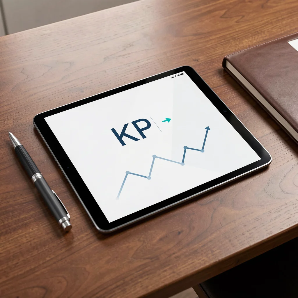 Tablet em mesa de madeira com dashboard executivo minimalista mostrando KPI principal e gráfico de linha abstrato
