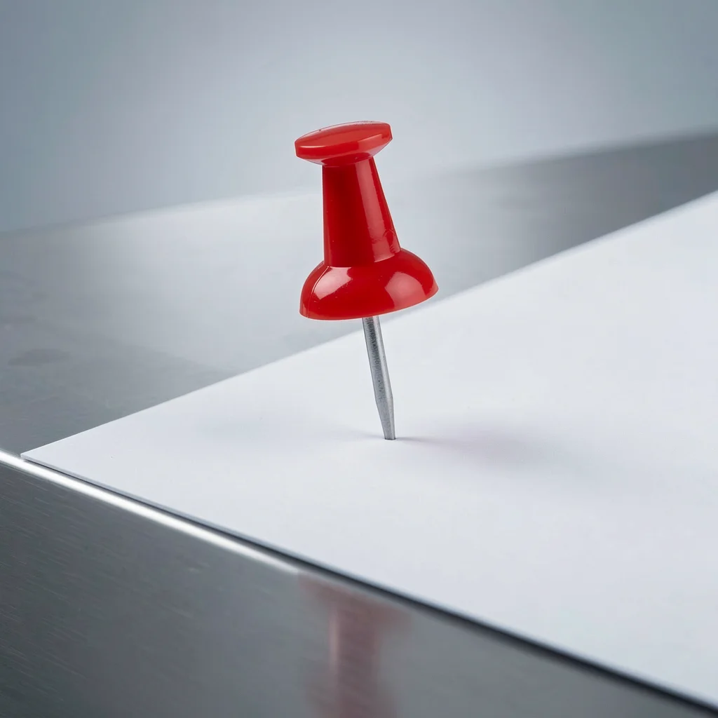 Alfinete vermelho cravado em papel branco sobre superfície metálica polida, simbolizando erro crítico em análise