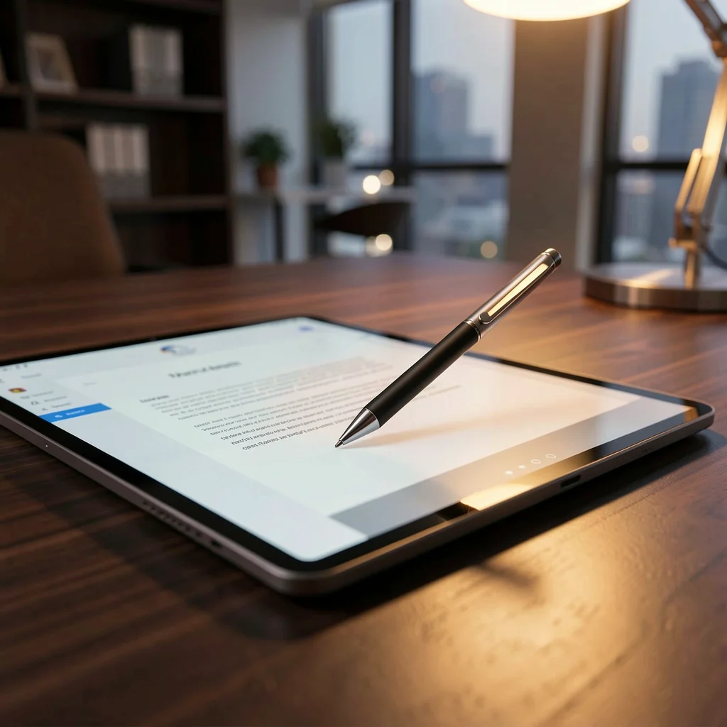 Caneta stylus sobre tablet em mesa de escritório executivo com iluminação cinematográfica.