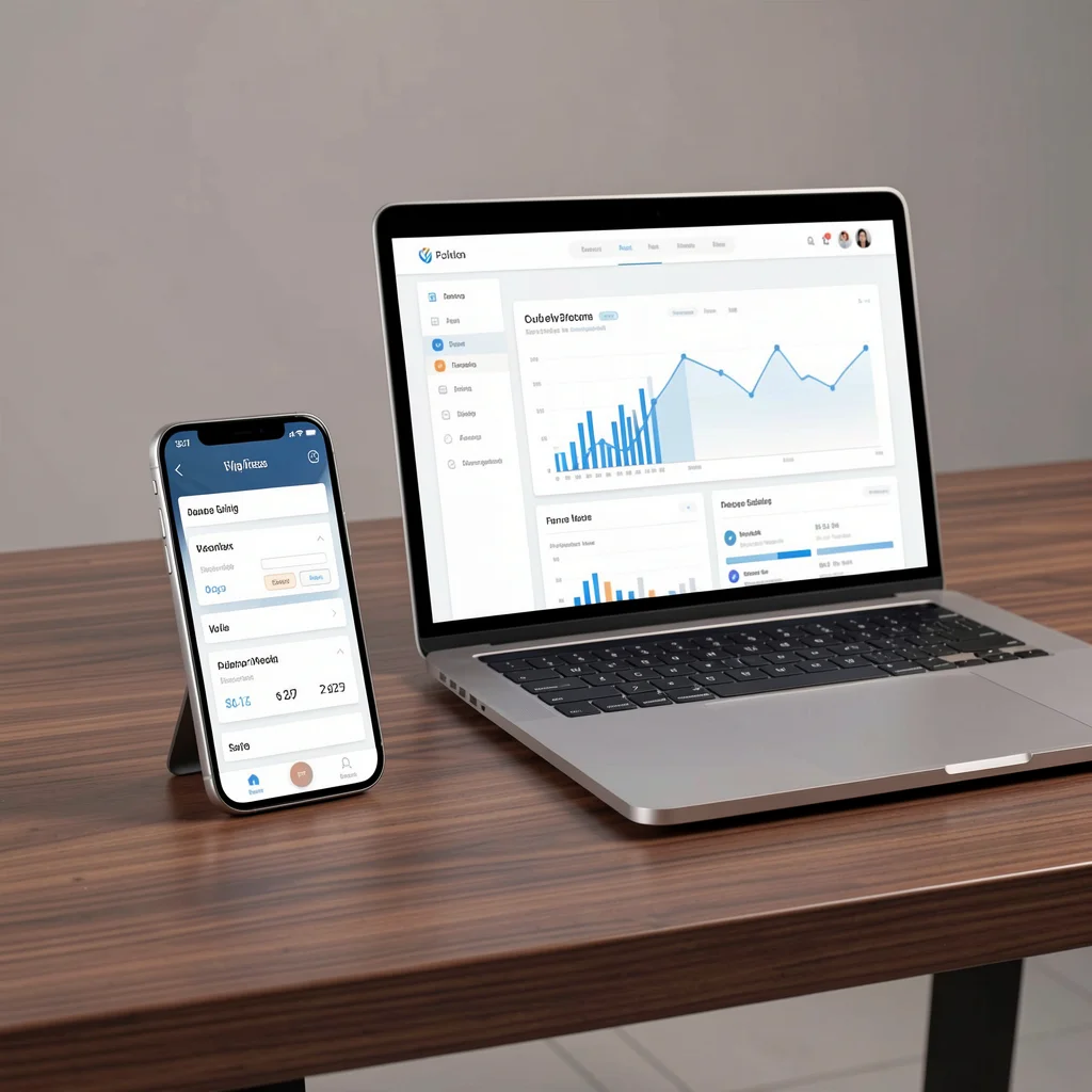 Smartphone e laptop sobre mesa de madeira exibindo painel de anúncios com gráficos abstratos