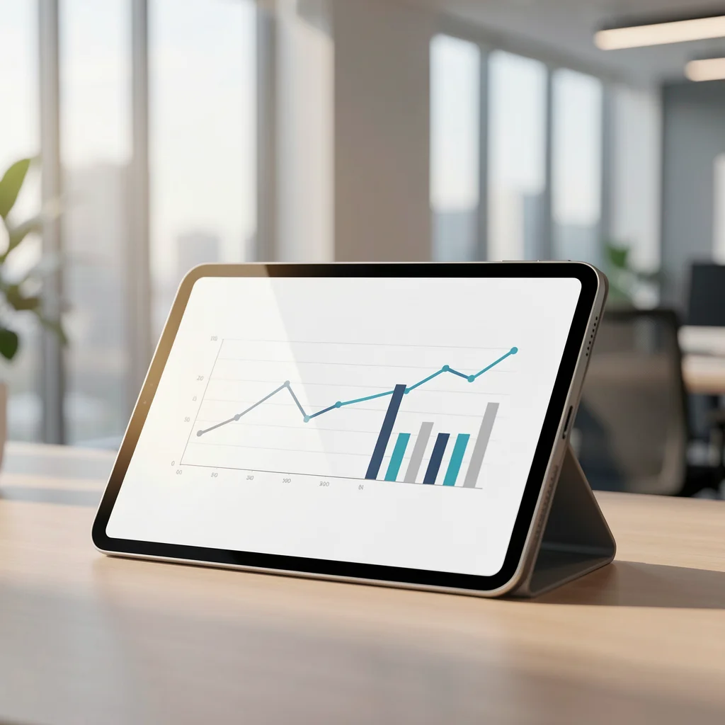 Tablet sobre mesa exibindo dashboard com gráficos abstratos de linhas e barras em ambiente corporativo
