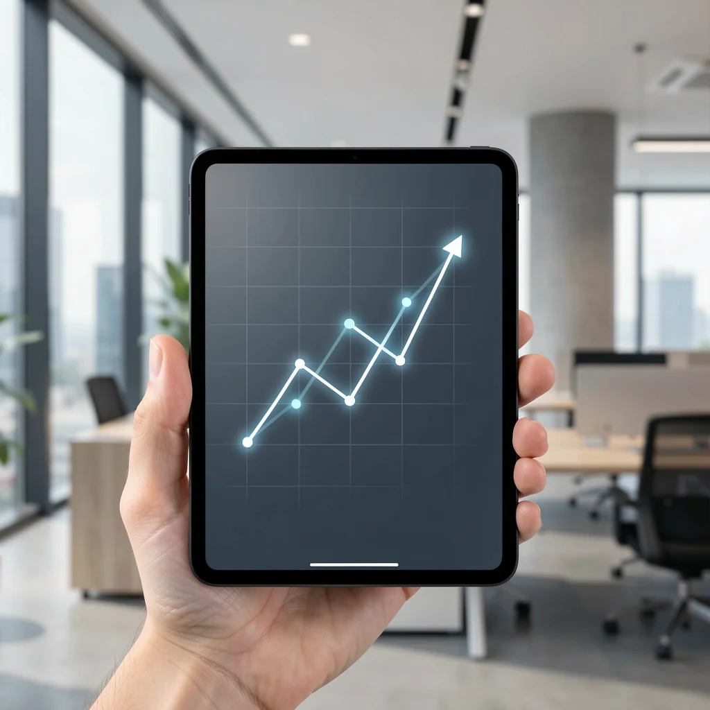 Tablet exibindo gráfico de tendência ascendente com nós brilhantes simbolizando escalabilidade e consistência.