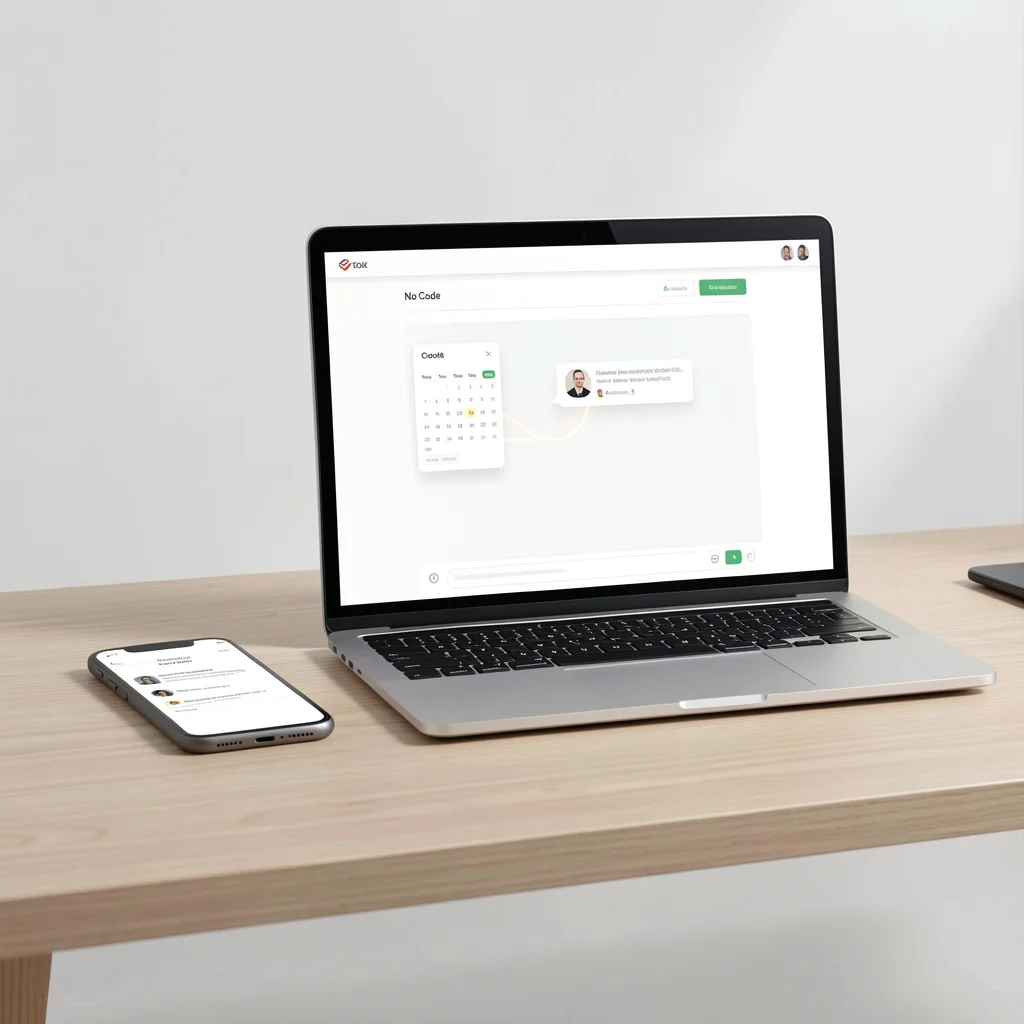Mockup de smartphone e laptop sobre mesa de madeira, mostrando interface de automação no-code com calendário e chatbot conectados por linha luminosa.