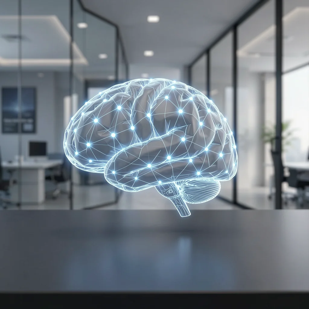 Rede neural abstrata em forma de cérebro com nós de dados luminosos sobre superfície escura, com fundo de escritório futurista.
