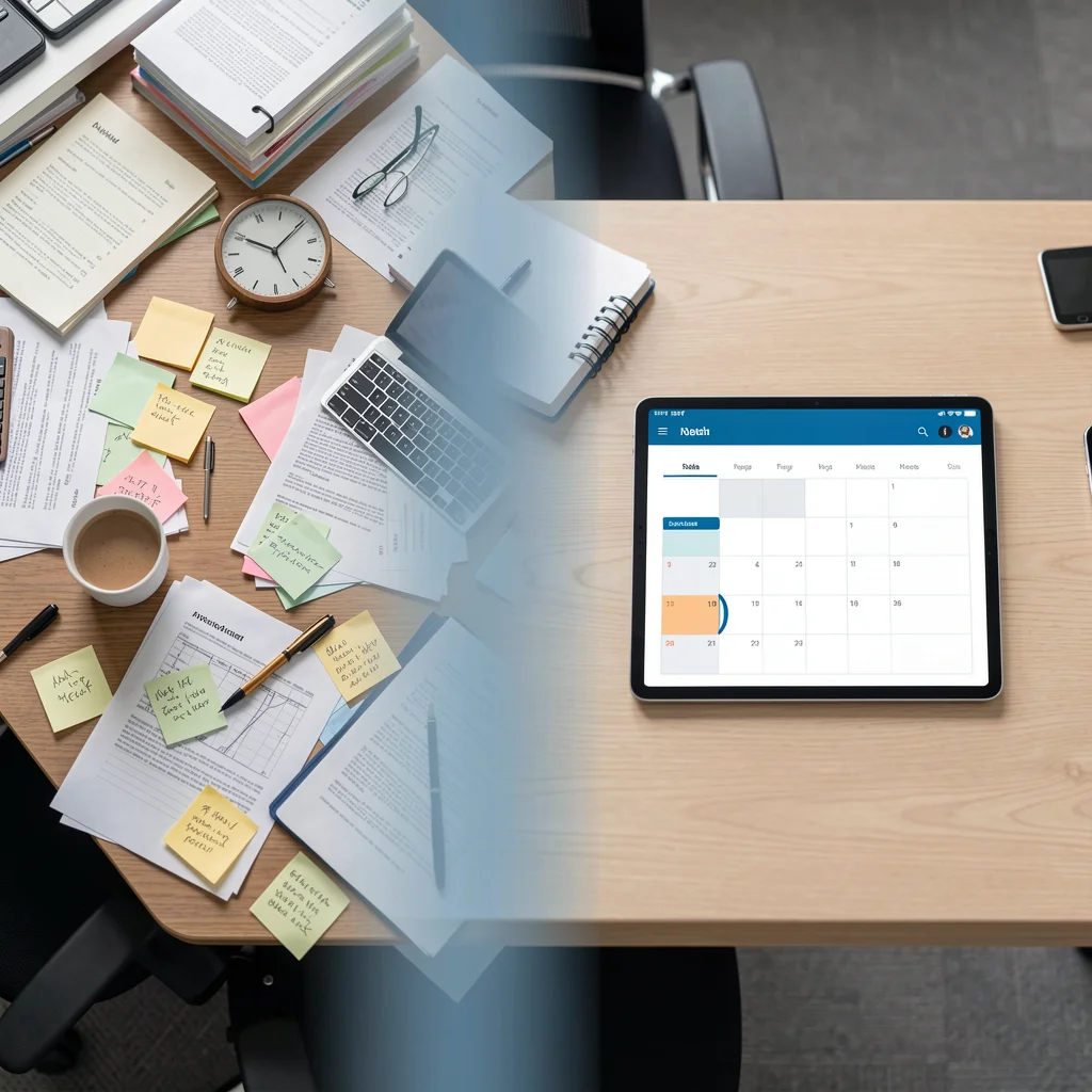 Comparação visual entre mesa bagunçada com papéis e mesa organizada com tablet exibindo calendário digital, representando a transição do manual para o automático.