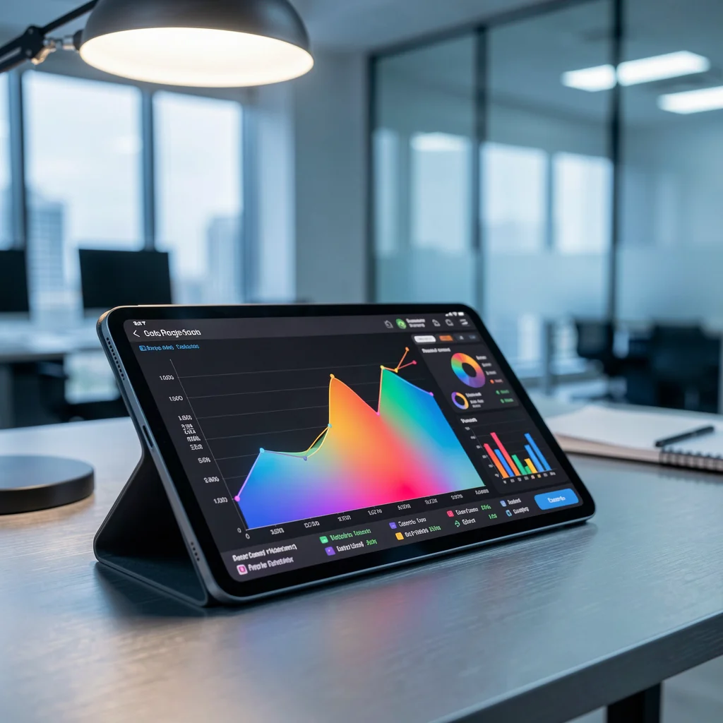 Tablet exibindo gráficos complexos de análise de dados em um escritório moderno com iluminação profissional.