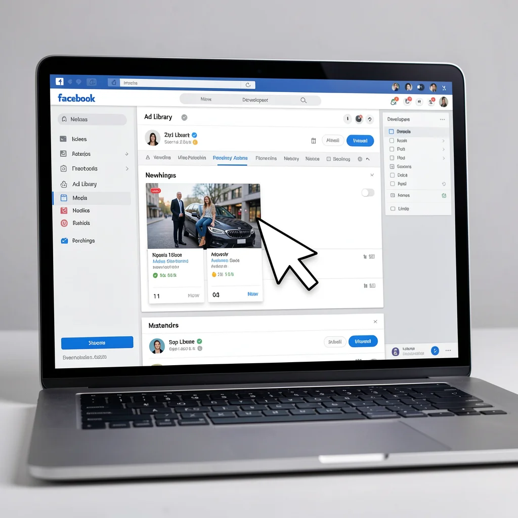 Tela de notebook com ferramenta Inspecionar do navegador aberta sobre a Biblioteca de Anúncios do Facebook, destacando elementos de mídia
