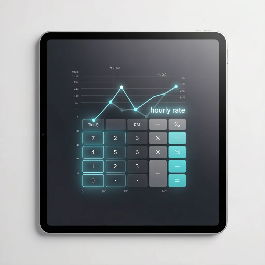 Calculadora minimalista em tablet elegante com dados abstratos e resultado de taxa horária destacado