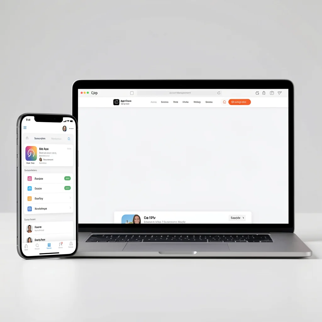 Smartphone e laptop lado a lado mostrando interfaces de gerenciamento de assinaturas