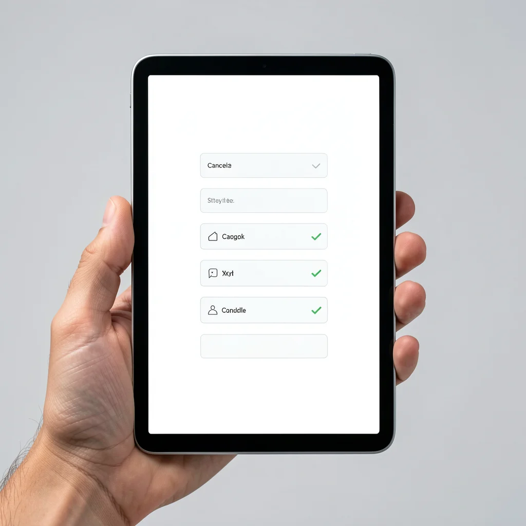 Mão segurando tablet com fluxo de cancelamento de assinatura ilustrado por ícones e checkmarks