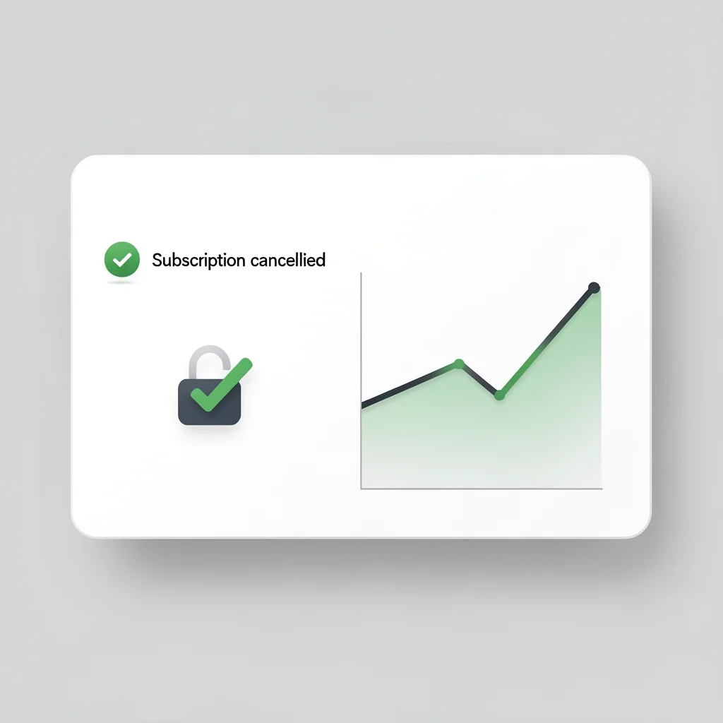 Dashboard minimalista com indicador de cancelamento confirmado e gráfico de cobranças futuras zerado
