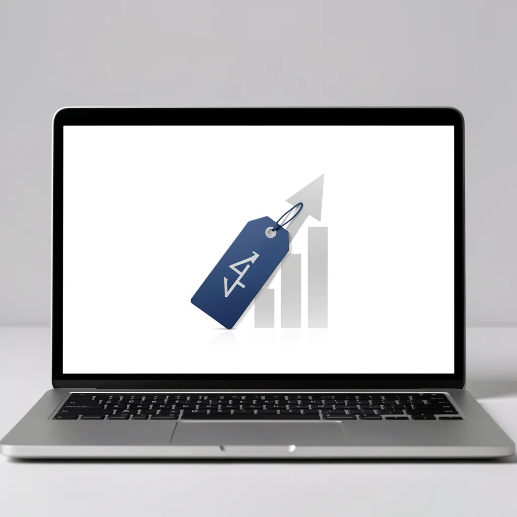 Mockup de tela de laptop mostrando página de preços premium com setas ascendentes