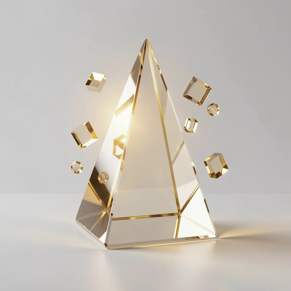 Prisma de vidro polido refletindo luz dourada com formas geométricas flutuantes
