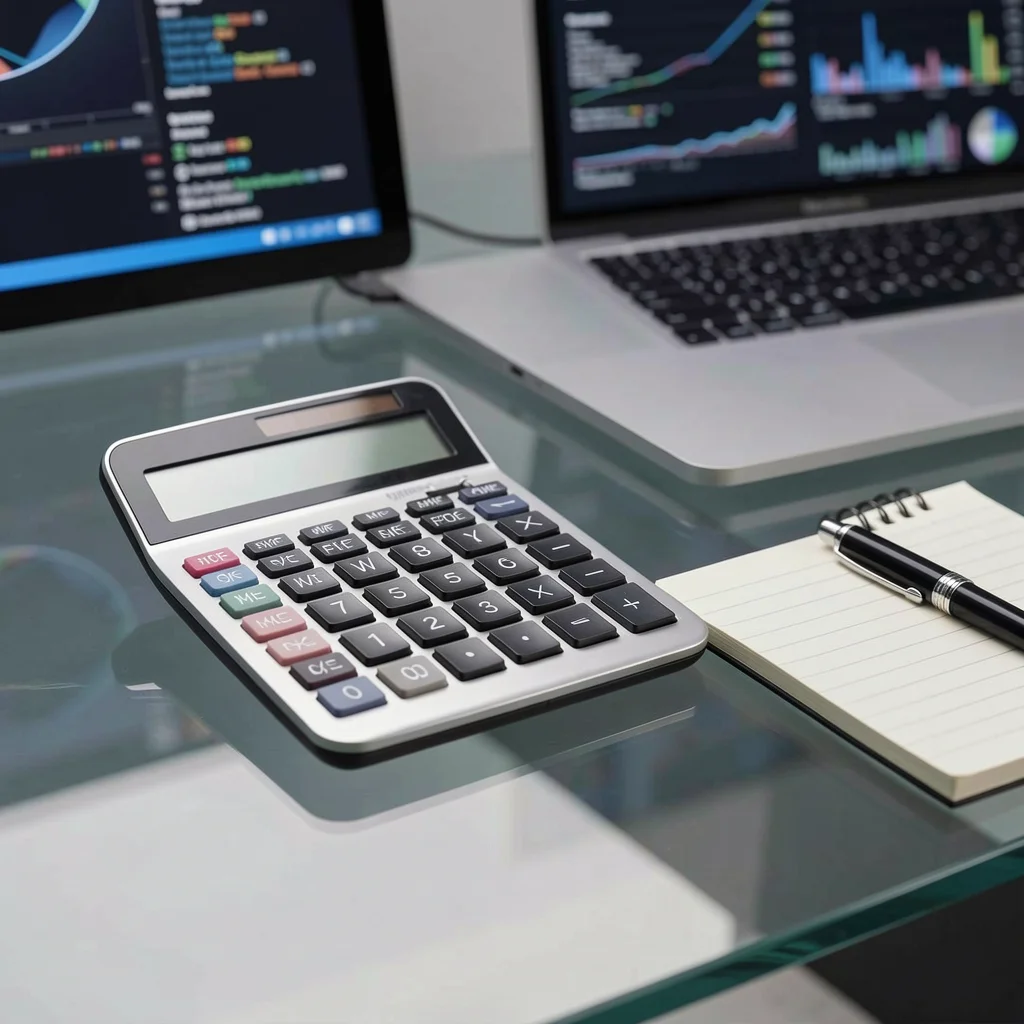 Calculadora e bloco de notas em mesa de vidro representando o cálculo de custos e preço por hora
