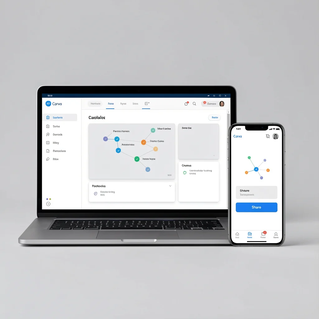 Mockup de laptop e smartphone exibindo interface de design colaborativo com cursores e botão de compartilhar