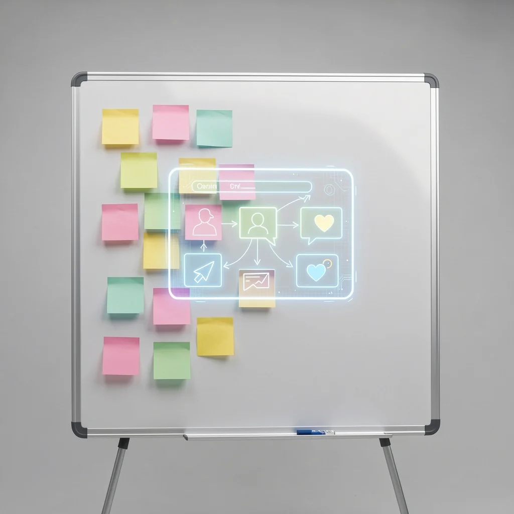 Quadro branco com notas adesivas e sobreposição digital de ícones de colaboração em equipe