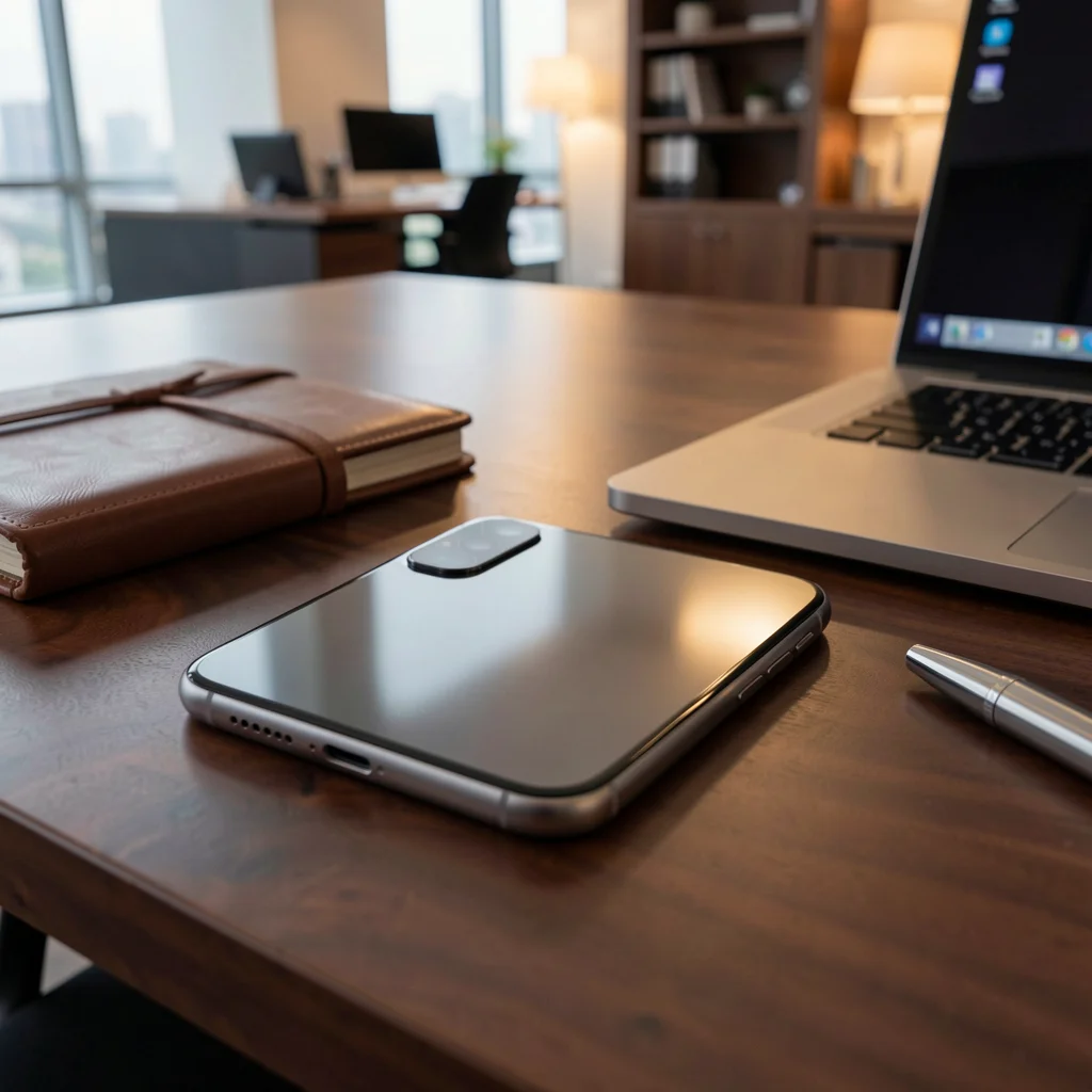 Smartphone de última geração sobre uma mesa de escritório executiva com iluminação profissional.