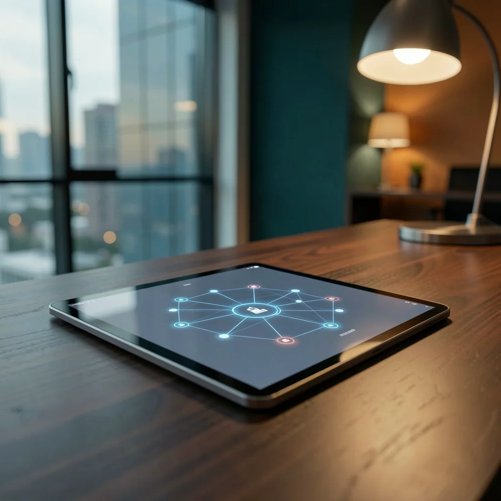 Tablet em uma mesa de escritório moderna com iluminação cinematográfica focada em produtividade digital.