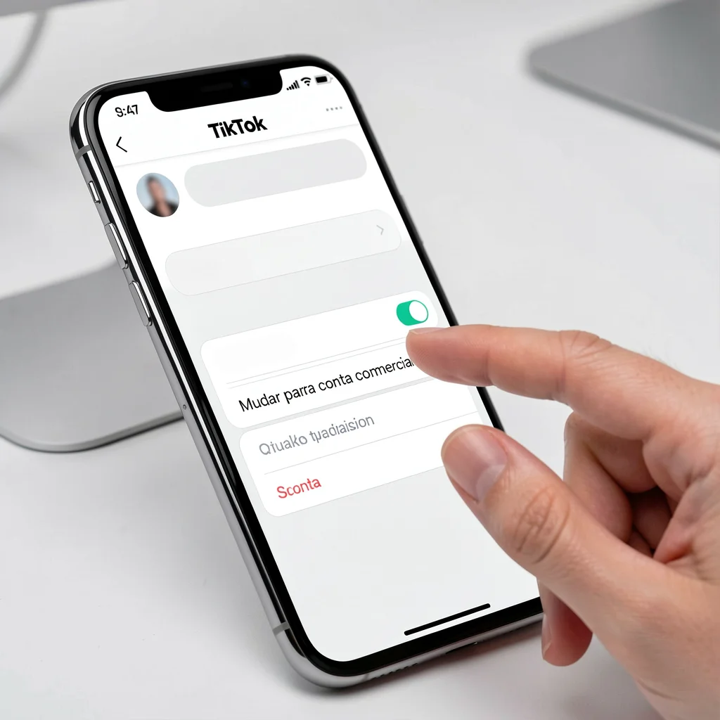 Smartphone exibindo tela de configurações do TikTok com destaque na opção de mudar para conta comercial