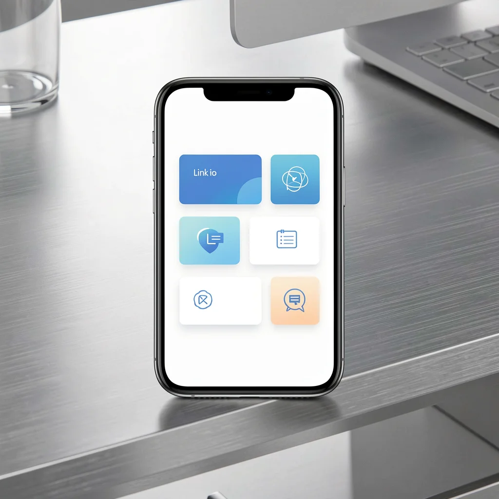 Smartphone mostrando página de agregador de links com layout moderno e cards estilizados